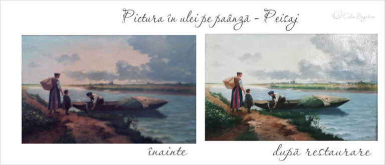 RESTAURARE tablou peisaj  cu personaje și râu