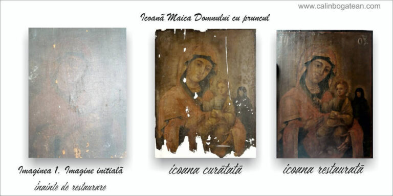 Restaurare Maica Domnului cu pruncul Iisus icoană veche