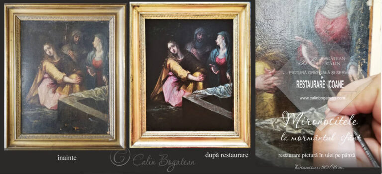 Restaurare pictură „Mironosițele la mormântul sfânt”, lucrare religioasă, înainte și după restaurare