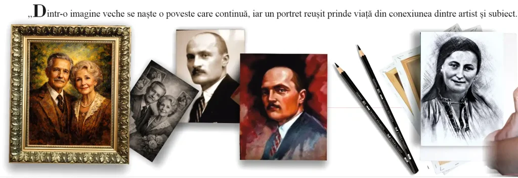 Portret pictat manual în ulei pe pânză după fotografie veche de familie, reinterpretată artistic Portret pictat manual în ulei pe pânză după fotografie veche de familie, reinterpretată artistic