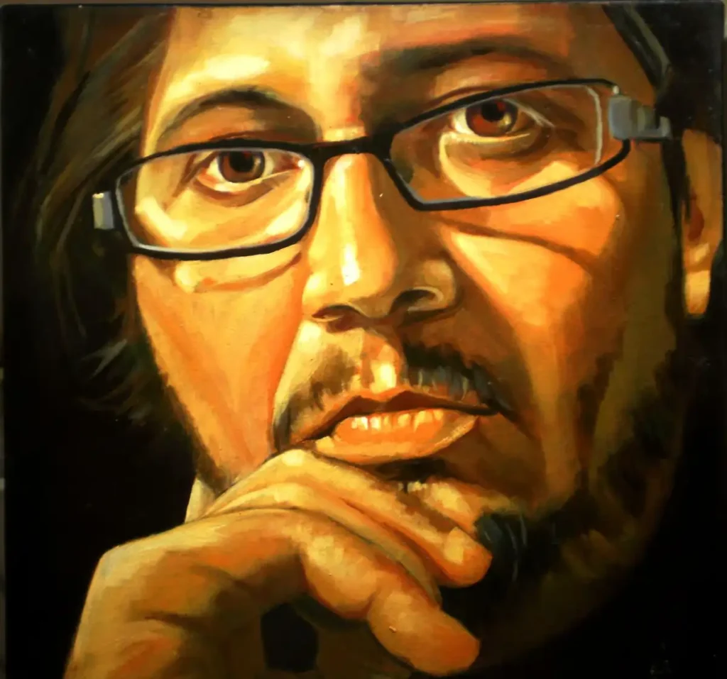 Autoportret contemporan în ulei pe pânză din seria Affect Display, cu figură sprijinită pe mână și expresie meditativă, realizat de Călin Bogătean