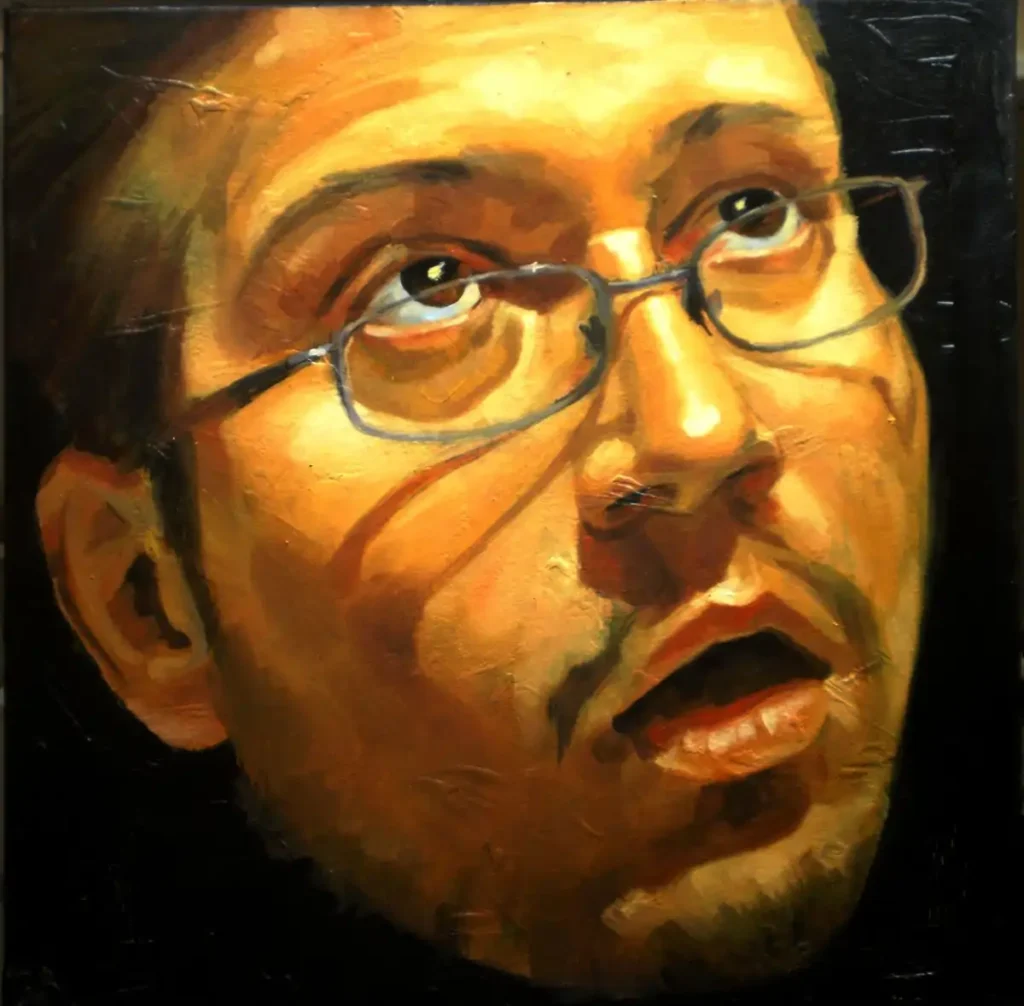 Autoportret contemporan în ulei pe pânză din seria Affect Display, cu privire intensă orientată lateral și tensiune emoțională, realizat de Călin Bogătean