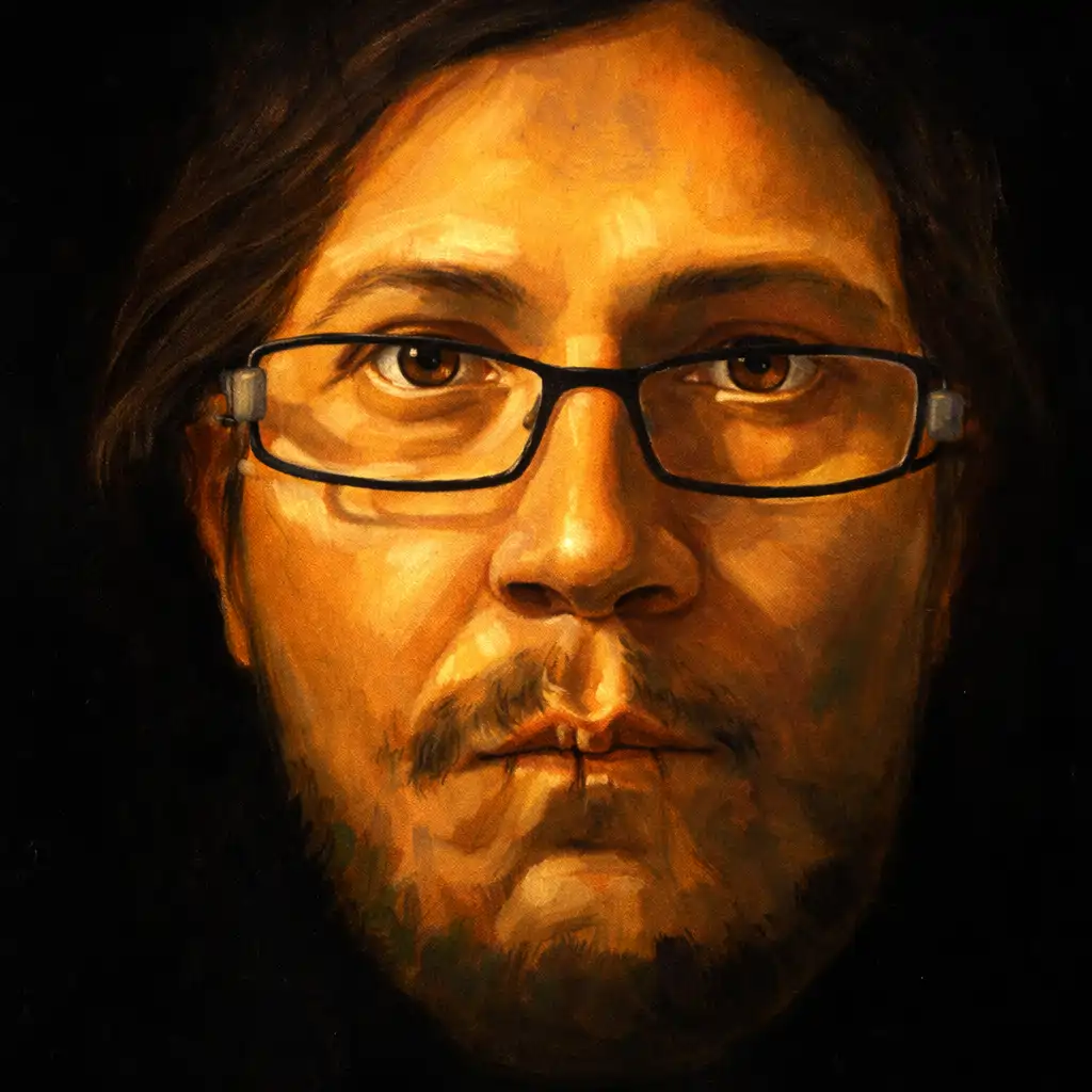 Autoportret contemporan în ulei pe pânză din seria Affect Display, reprezentând un chip concentrat iluminat frontal, realizat de artistul Călin Bogătean