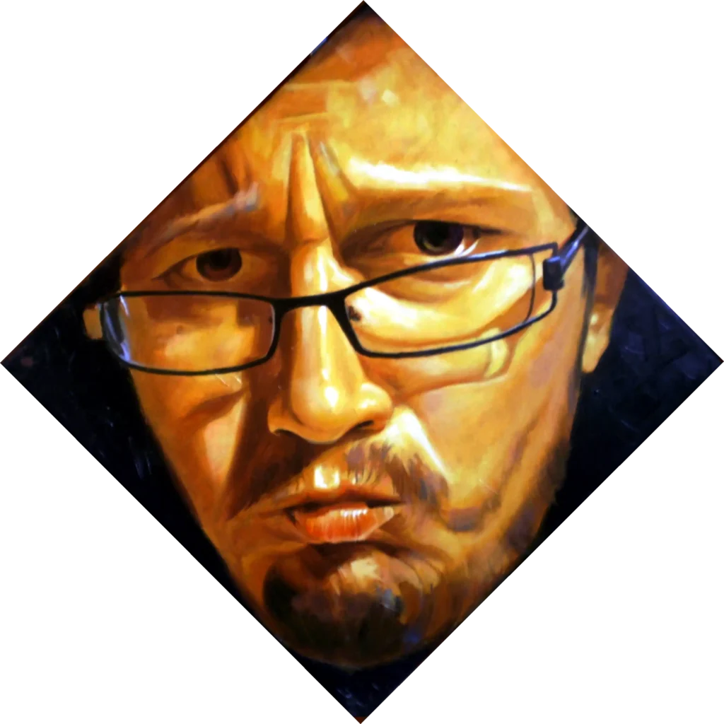 Autoportret contemporan în ulei pe pânză din seria Affect Display, chip încadrat într-o formă geometrică pe fundal negru, expresie tensionată și privire intensă, realizat de Călin Bogătean