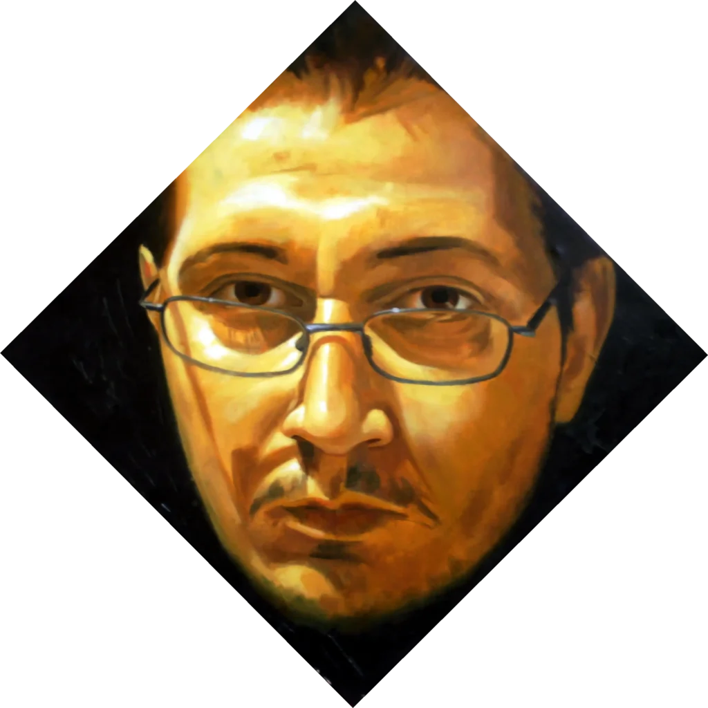 Autoportret contemporan în ulei pe pânză din seria Affect Display, cu chip încadrat într-o formă geometrică pe fundal negru, realizat de Călin Bogătean