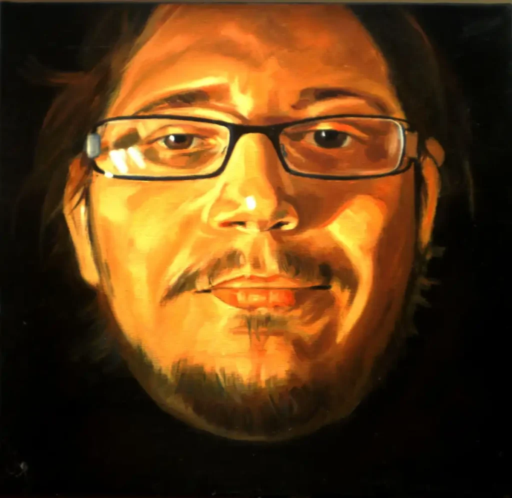 Autoportret contemporan în ulei pe pânză din seria Affect Display, reprezentând un chip luminat frontal cu expresie reținută, realizat de Călin Bogătean