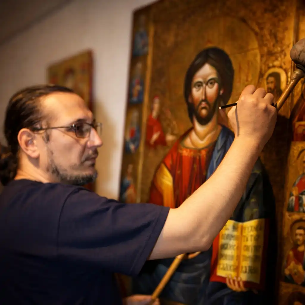 Pictură figurativă contemporană Călin Bogătean Icoană reinterpretată contemporan realizată de Călin Bogătean, iconografie bizantină în cheie modernă