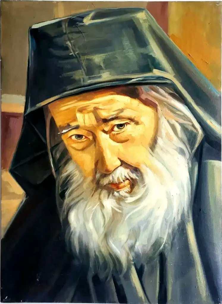 Portret pictat al unui călugăr ortodox cu barbă albă și privire profundă, simbol al vieții monastice și al spiritualității