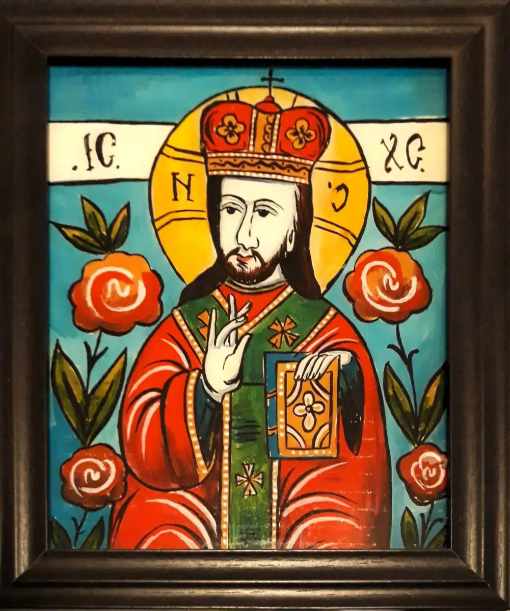 Iisus Hristos, icoană pe sticlă reinterpretată contemporan, pictură iconografică realizată manual de Călin Bogătean