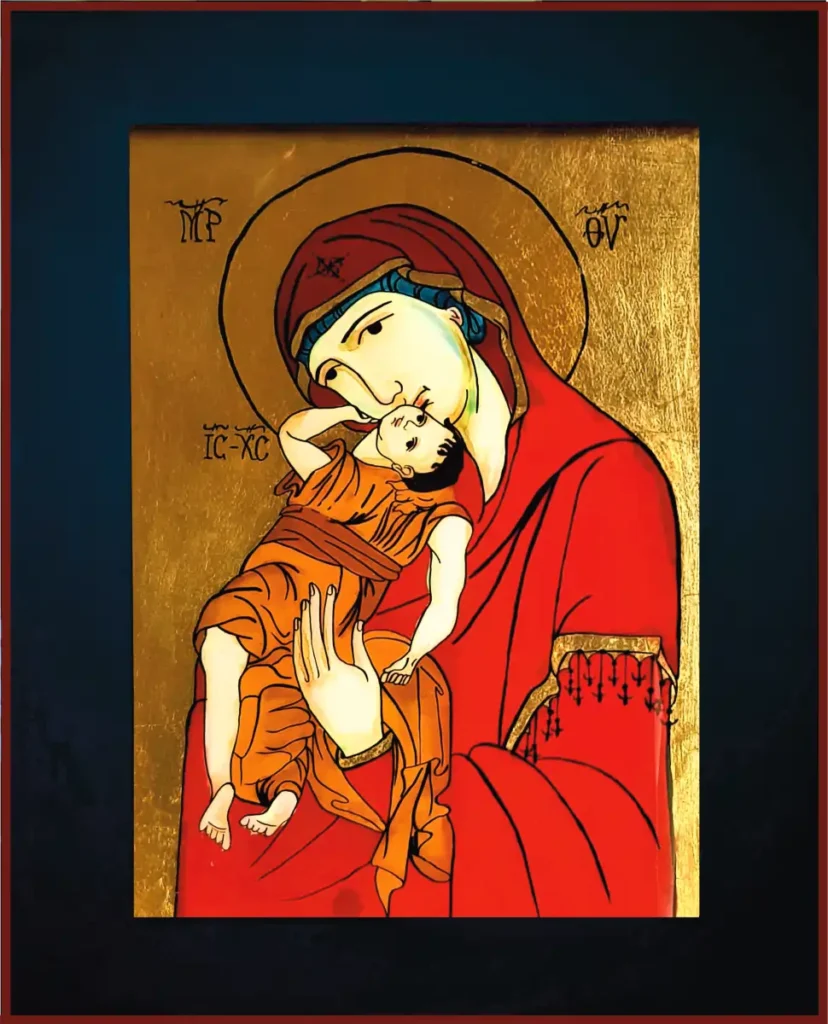Icoană pe sticlă reprezentând Maica Domnului „Dulce Iubitoare”, reinterpretare contemporană în stil iconografic tradițional