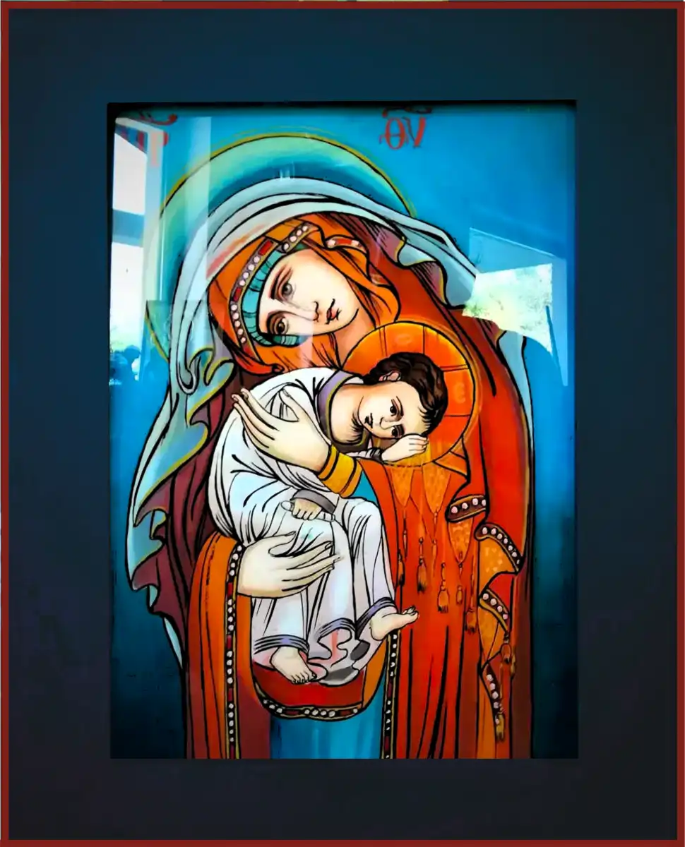 Maica Domnului Ocrotitoarea Orfanilor, icoană pe sticlă reinterpretată contemporan, pictură iconografică realizată manual de Călin Bogătean