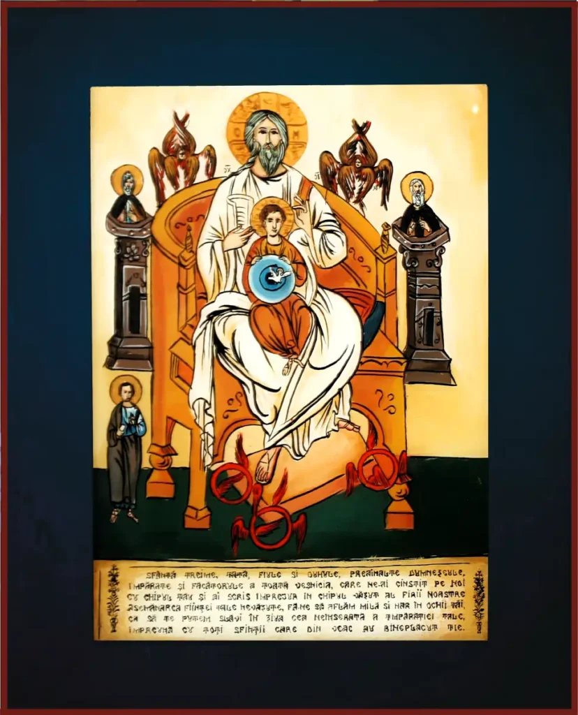 Icoană pe sticlă reprezentând Sfânta Treime, reinterpretare contemporană în stil iconografic tradițional
