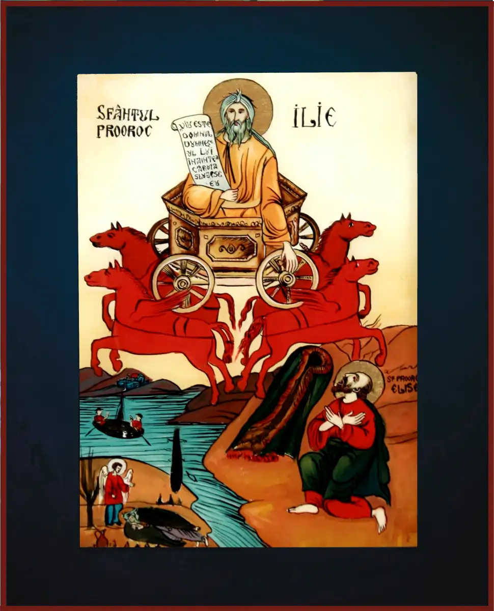 Icoană pe sticlă reinterpretată contemporan de Călin Bogătean – Sfântul Prooroc Ilie, icoană pe sticlă reinterpretată contemporan, pictură iconografică realizată manual de Călin Bogătean