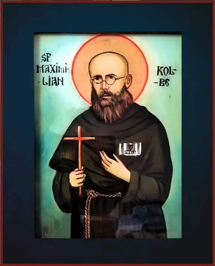 Icoană-pe-sticlă-reprezentând-Sfântul-Maximilian-Kolbe,-reinterpretare-contemporană-în-stil-iconografic-tradițional Icoană pe sticlă reprezentând Sfântul Maximilian Kolbe, reinterpretare contemporană în stil iconografic tradițional