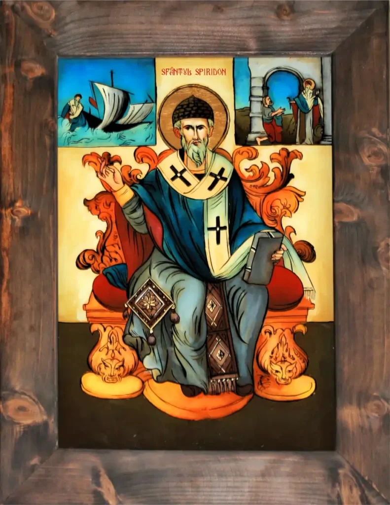 Icoană pe sticlă reprezentând Sfântul Spiridon, reinterpretare contemporană în stil iconografic tradițional