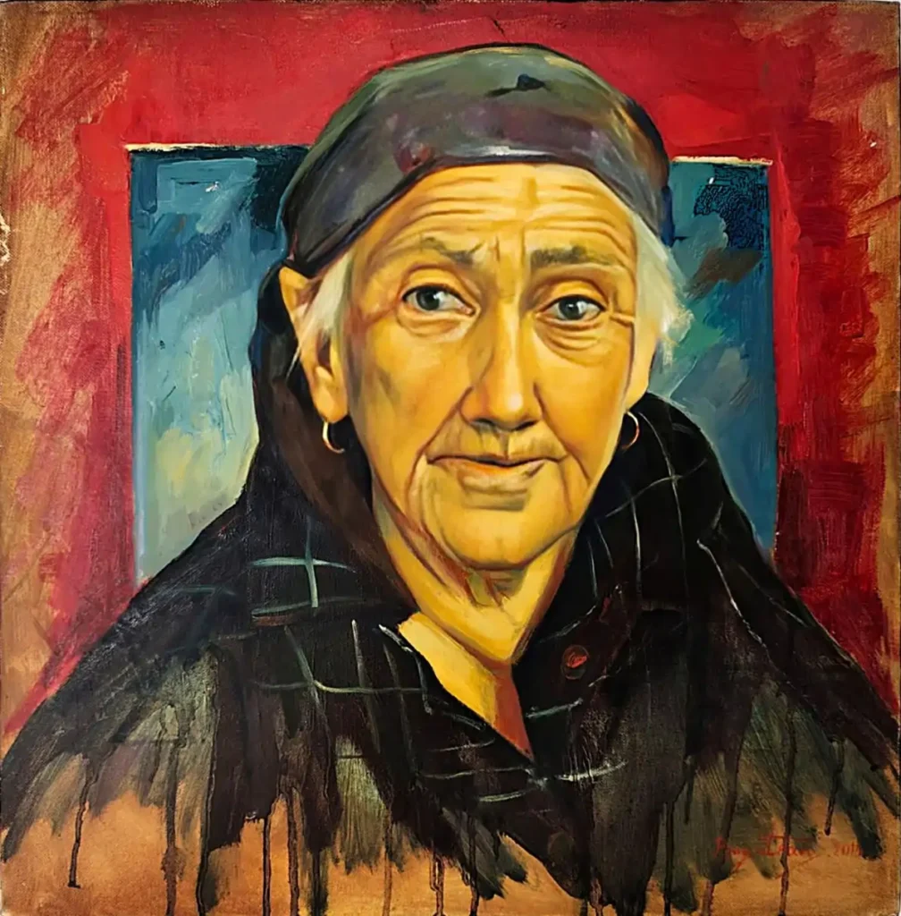 Portret figurativ contemporan cu expresie arhaică, pictură în ulei pe pânză din seria Memoria pământului