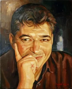 Portret masculin în pictură figurativă contemporană, realizat în ulei pe pânză de Călin Bogătean  portrete contemporane