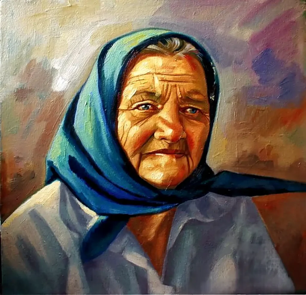 Portret figurativ contemporan al unei femei în vârstă, pictură în ulei pe pânză din seria Memoria pământului