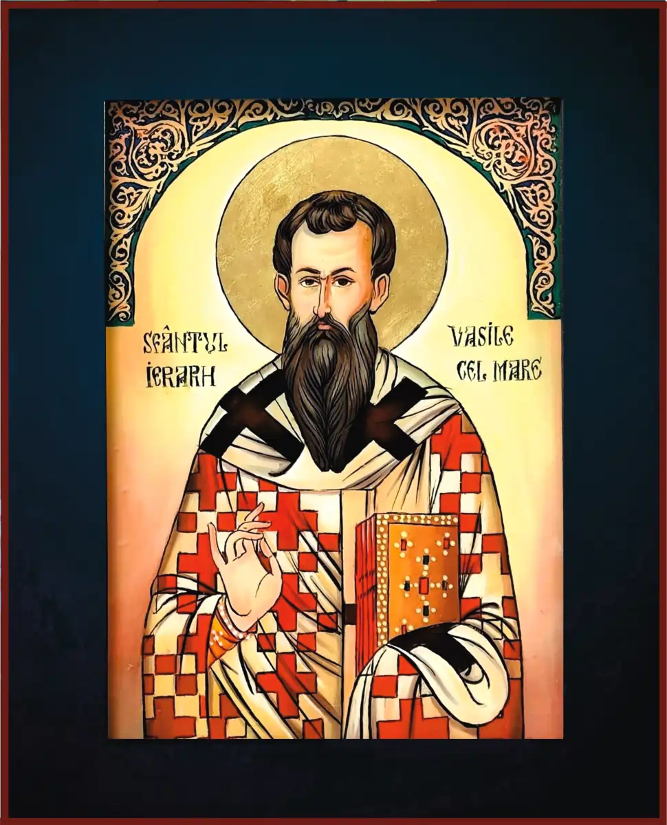 Sfântul Vasile cel Mare, icoană pe sticlă reinterpretată contemporan, pictură iconografică realizată manual de Călin Bogătean