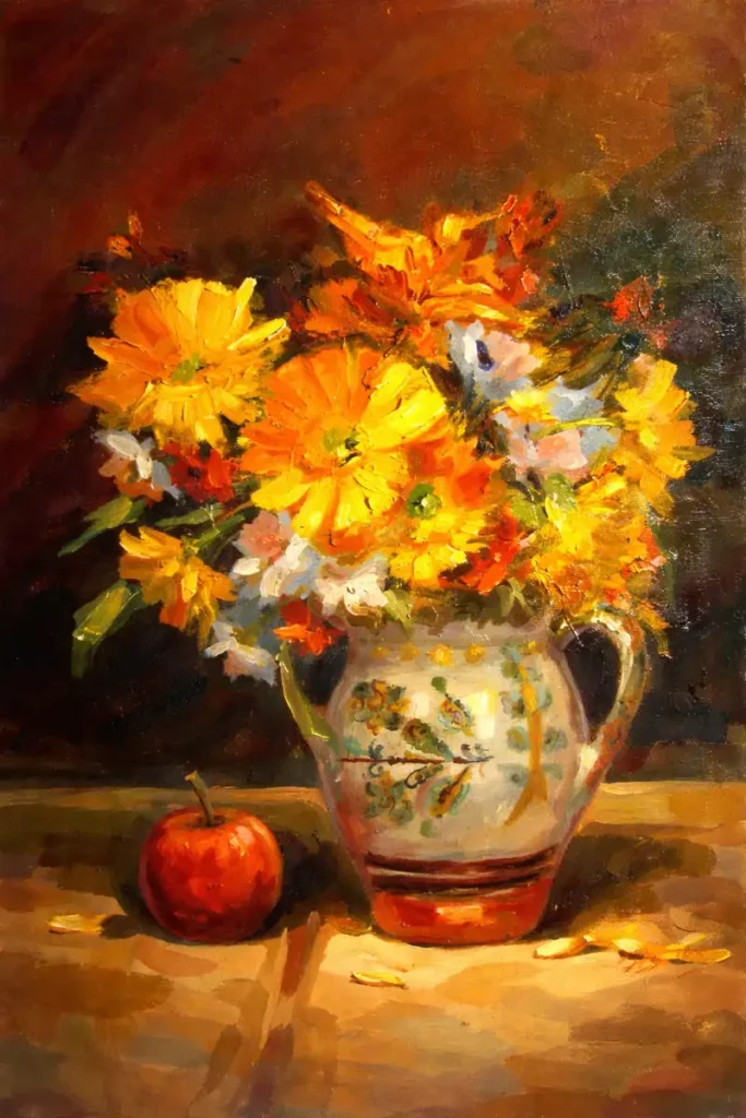 Natură statică florală contemporană pictată în ulei pe pânză, cu tușe libere și lumină vibrantă, explorând relația dintre culoare și prezență