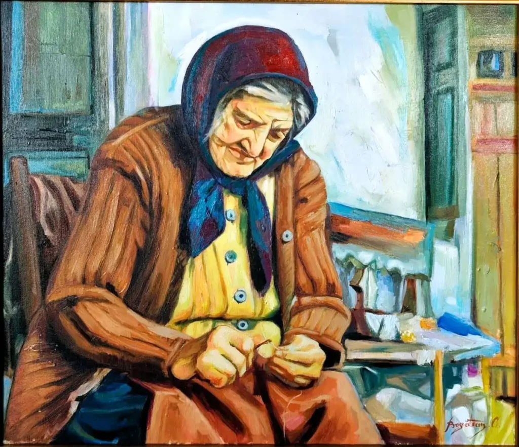Portret figurativ contemporan al unei prezențe rurale, pictură în ulei pe pânză din seria Memoria pământului
