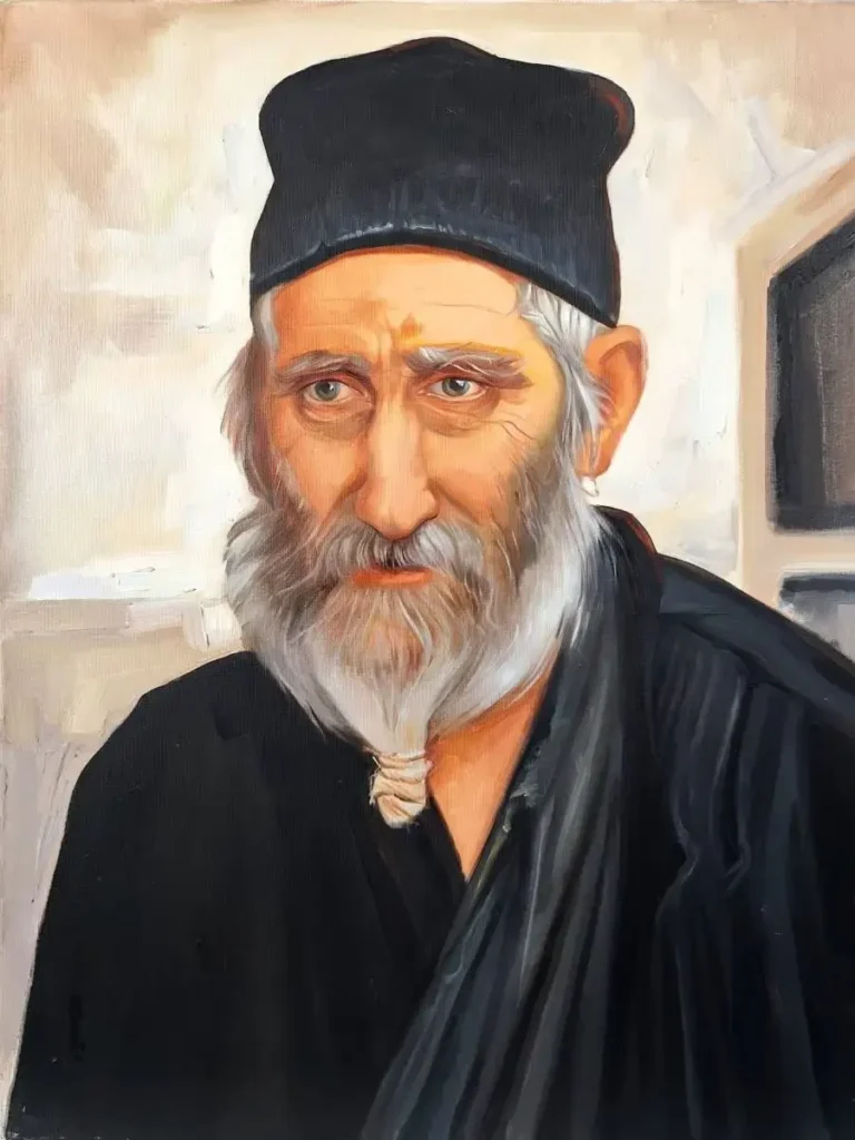 Portret de călugăr grec din Muntele Athos, pictură în ulei pe pânză