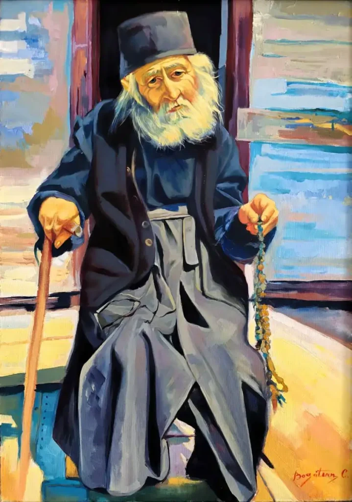 Portret de călugăr din Muntele Athos, pictură în ulei pe pânză
