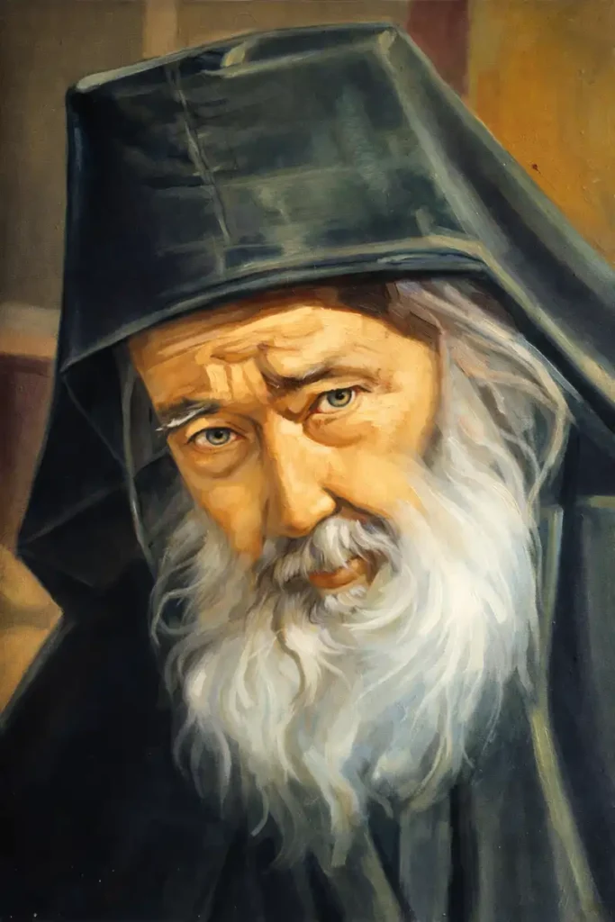 Portret de monah din Schitul Prodromu, Muntele Athos, pictură în ulei pe pânză