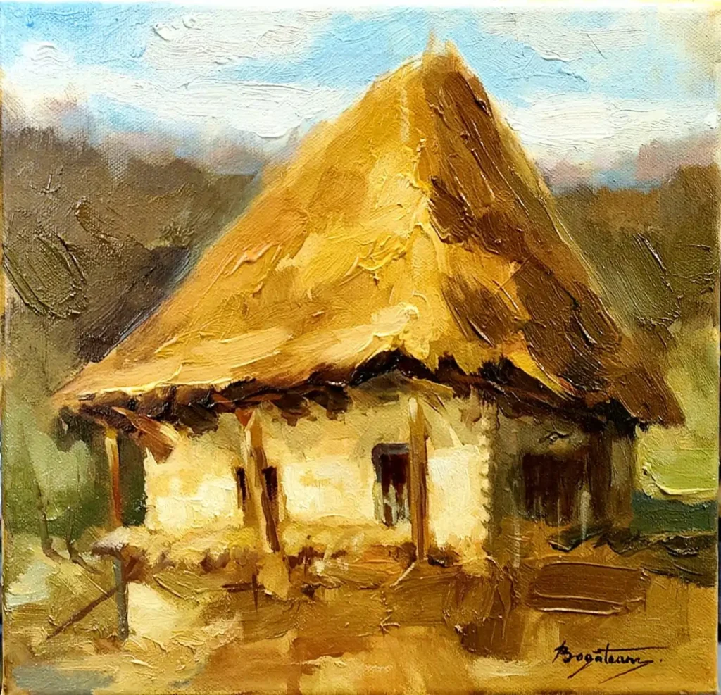 Casă tradițională din sat românesc pictată în lumină caldă, simbol al memoriei rurale și al timpului care trece