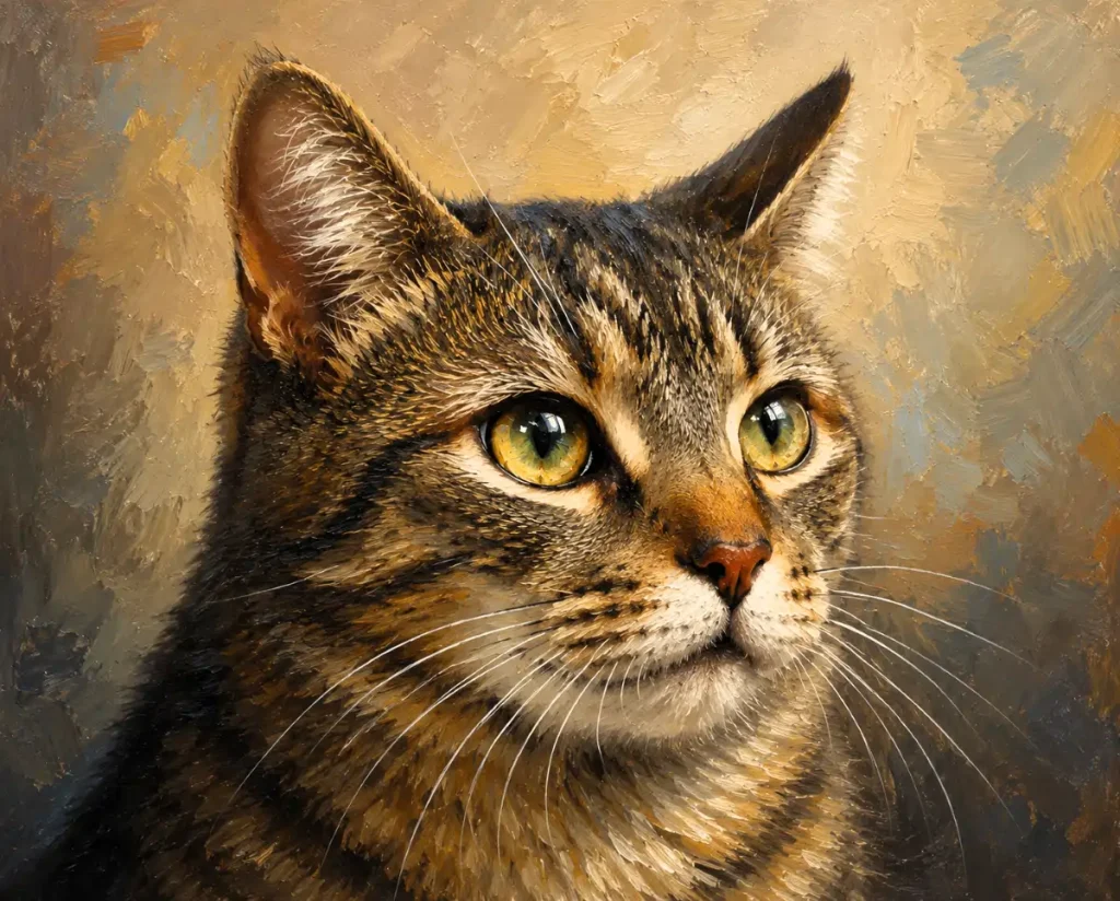 Portret de pisică realizat manual în ulei pe pânză după fotografie. Lucrare artistică realistă și expresivă realizată de artistul Călin Bogătean. 8c57c51f 1292 4e13 b902 d4192f323047