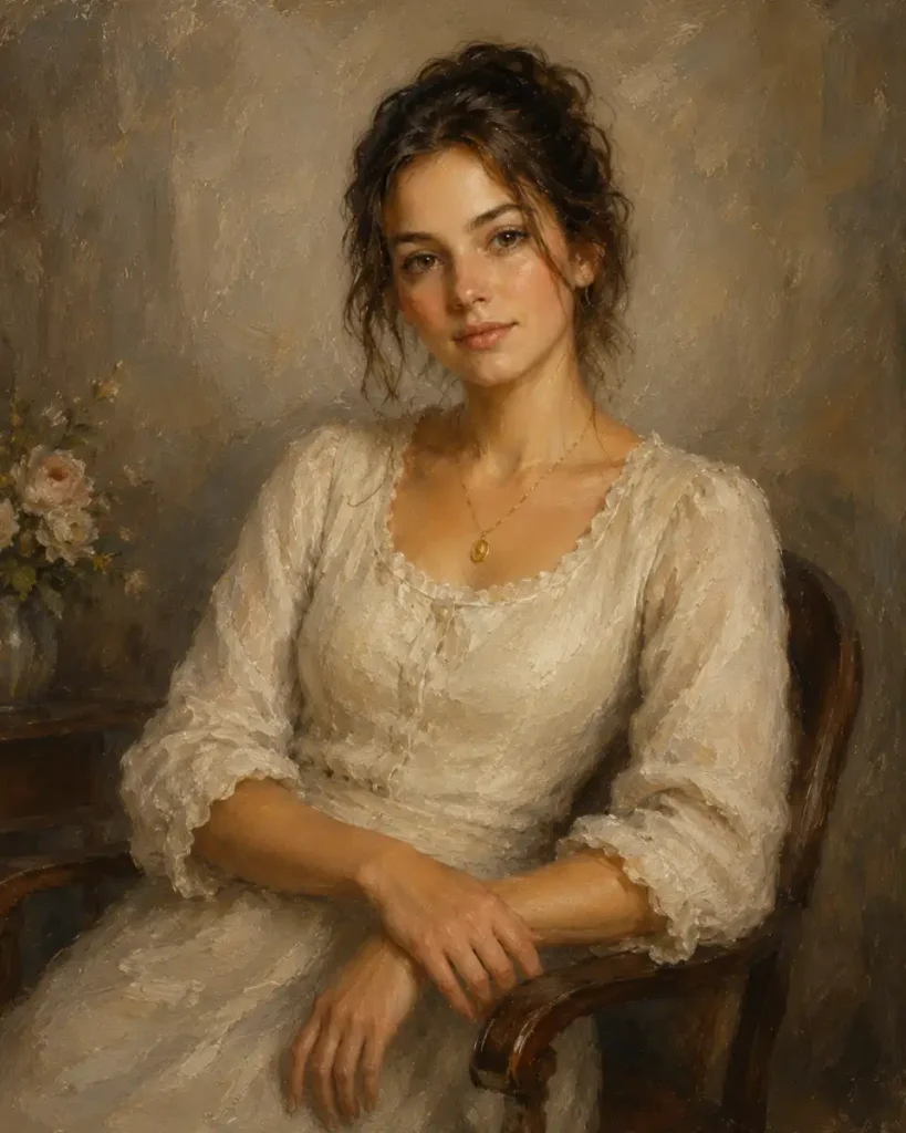 Portret bust cu mâini realizat manual în pictură în ulei pe pânză după fotografie Portret bust cu mâini realizat manual în pictură în ulei pe pânză după fotografie