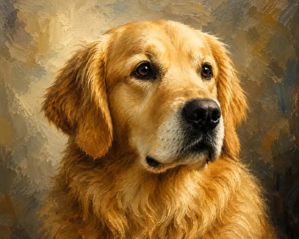 Portret realist de câine pictat manual în ulei pe pânză după fotografie