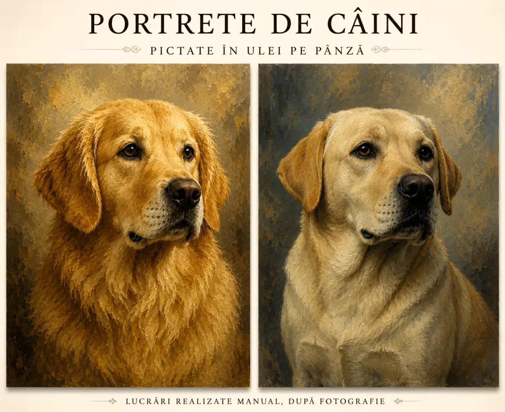 Portret realist de câine realizat manual în creion și cărbune după fotografie