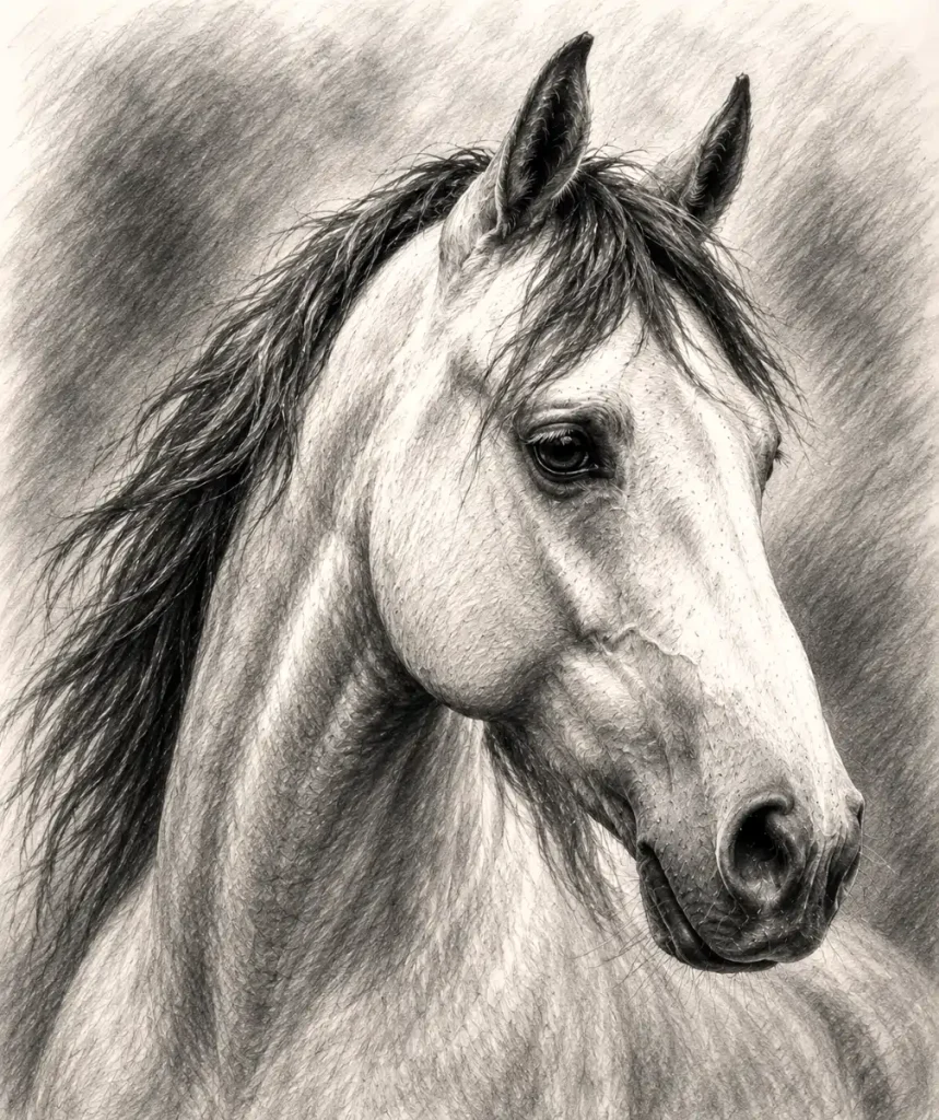 Portret realist de cal realizat manual în creion și cărbune după fotografie Portret realist de cal realizat manual în creion și cărbune după fotografie