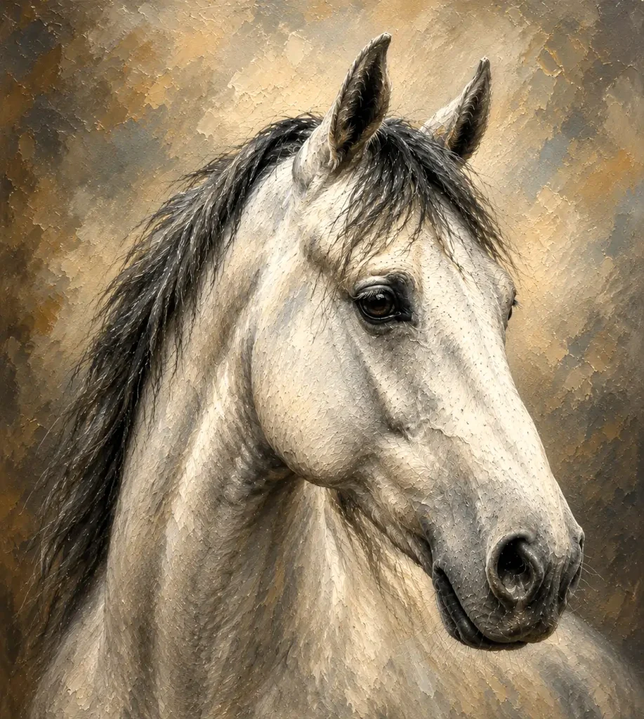 Portret realist de cal pictat manual în ulei pe pânză după fotografie Portret realist de cal pictat manual în ulei pe pânză după fotografie