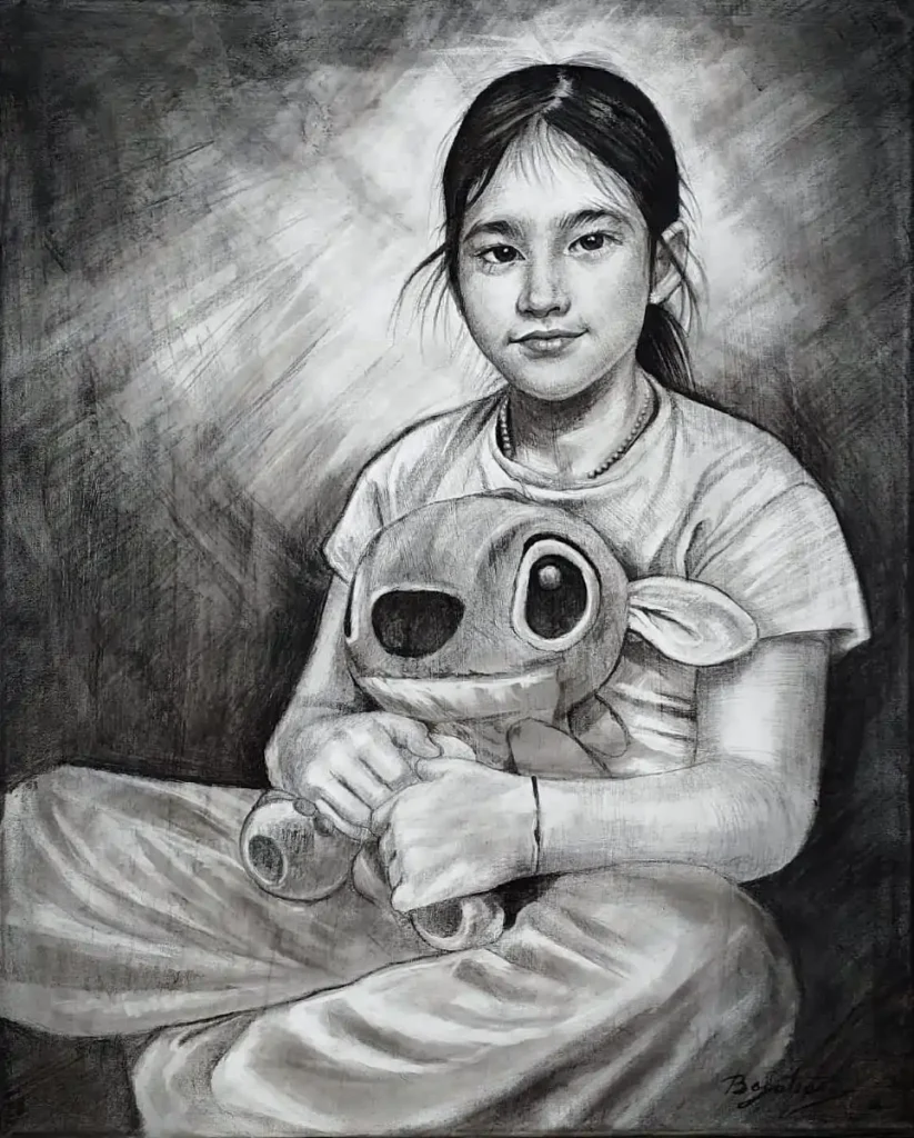 Portret de fetiță realizat în cărbune pe pânză după fotografie Galerie portrete în creion și cărbune realizate manual Portret de fetiță realizat în cărbune pe pânză după fotografie Galerie portrete în creion și cărbune realizate manual