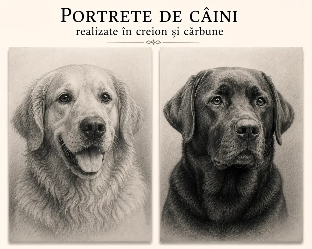 Portrete de câini realizate manual în creion și cărbune după fotografie Portrete de câini realizate manual în creion și cărbune după fotografie