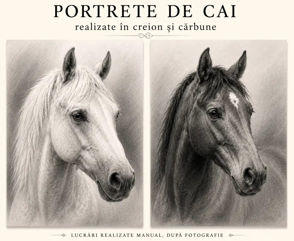 Portrete de cai realizate manual în creion și cărbune după fotografie Portrete de cai realizate manual în creion și cărbune după fotografie