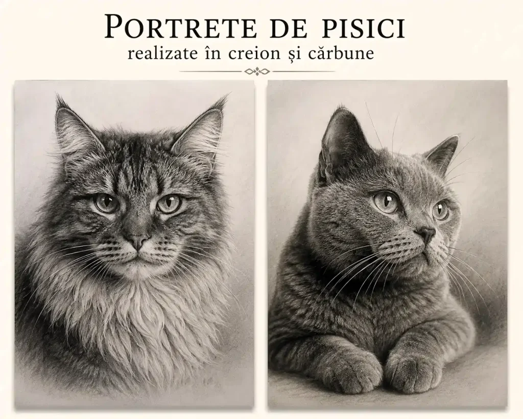 Portrete de pisici realizate manual în creion și cărbune după fotografie, lucrări artistice realiste Calin Bogatean