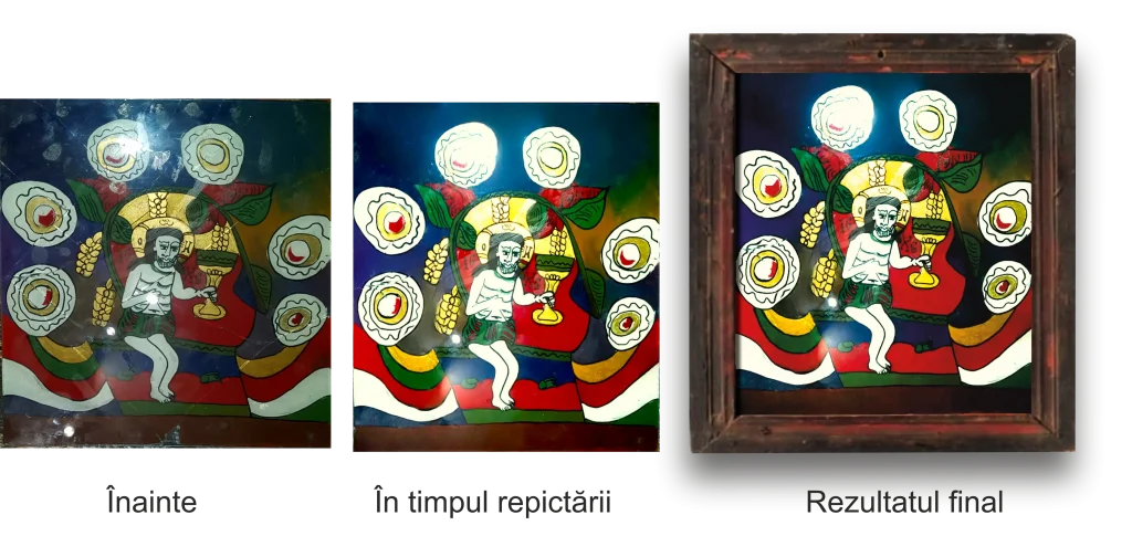 Icoană veche spartă restaurată și repictată manual de Călin Bogătean, proces de conservare și restaurare artistică. Icoană veche spartă restaurată și repictată manual de Călin Bogătean, proces de conservare și restaurare artistică.