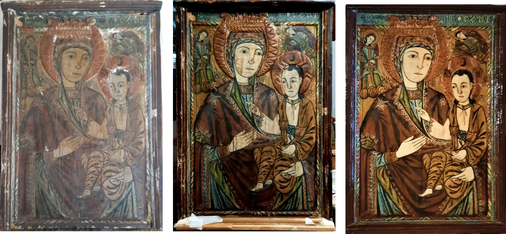 Restaurare icoană pe lemn – Maica Domnului cu Pruncul și Arhanghelii, Călin Bogătean Restaurare icoană pe lemn – Maica Domnului cu Pruncul și Arhanghelii, Călin Bogătean
