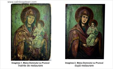 Restaurare  icoană Maica Domnului cu Pruncul pe fundal verde