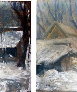 Restaurare pictură în ulei pe carton pictură românească tablou iarna