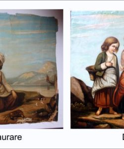 Restaurare tablou vechi „Fetițe cu coș de nuiele”, pictură în ulei pe carton, lucrare de artă românească restaurată și conservată profesional. Restaurare tablou vechi „Fetițe cu coș de nuiele”, pictură în ulei pe carton, înainte și după restaurare