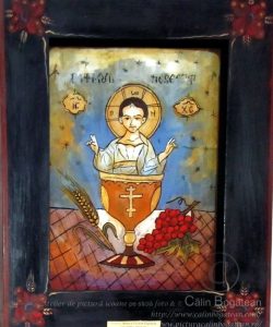 Potirul Nesecat – icoană pe sticlă realizată în tehnica tradițională. Potirul Nesecat – icoană pe sticlă pictată în tempera