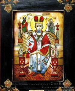 Sfântul Ierarh Nicolae – icoană pe sticlă Sfântul Ierarh Nicolae – icoană pe sticlă pictată în tempera