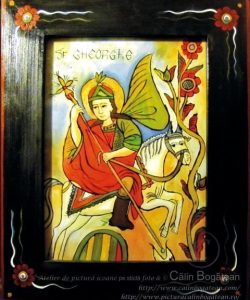 Sfântul Mucenic Gheorghe – icoană pe sticlă realizată în tehnica tradițională. Sfântul Mucenic Gheorghe – icoană pe sticlă pictată în tempera