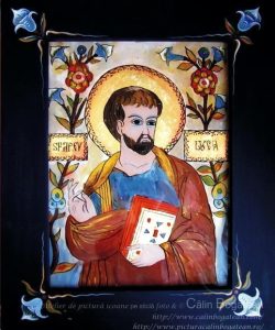 Sfântul Apostol Luca – icoană pe sticlă realizată în tehnica tradițională. Sfântul Apostol Luca – icoană pe sticlă pictată în tempera