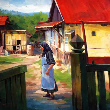 Bătrână în curte
Pictură, ulei pe pânză, 2017
70 × 50 cm Portret feminin în vârstă într-un cadru rural, pictură figurativă contemporană în ulei pe pânză de Călin Bogătean