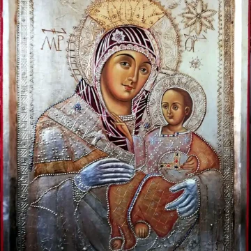 Maica Domnului Beltemița Ierusalimita cu Pruncul, icoană tempera pe lemn, 2019, Călin Bogătean Icoane pe lemn disponibile